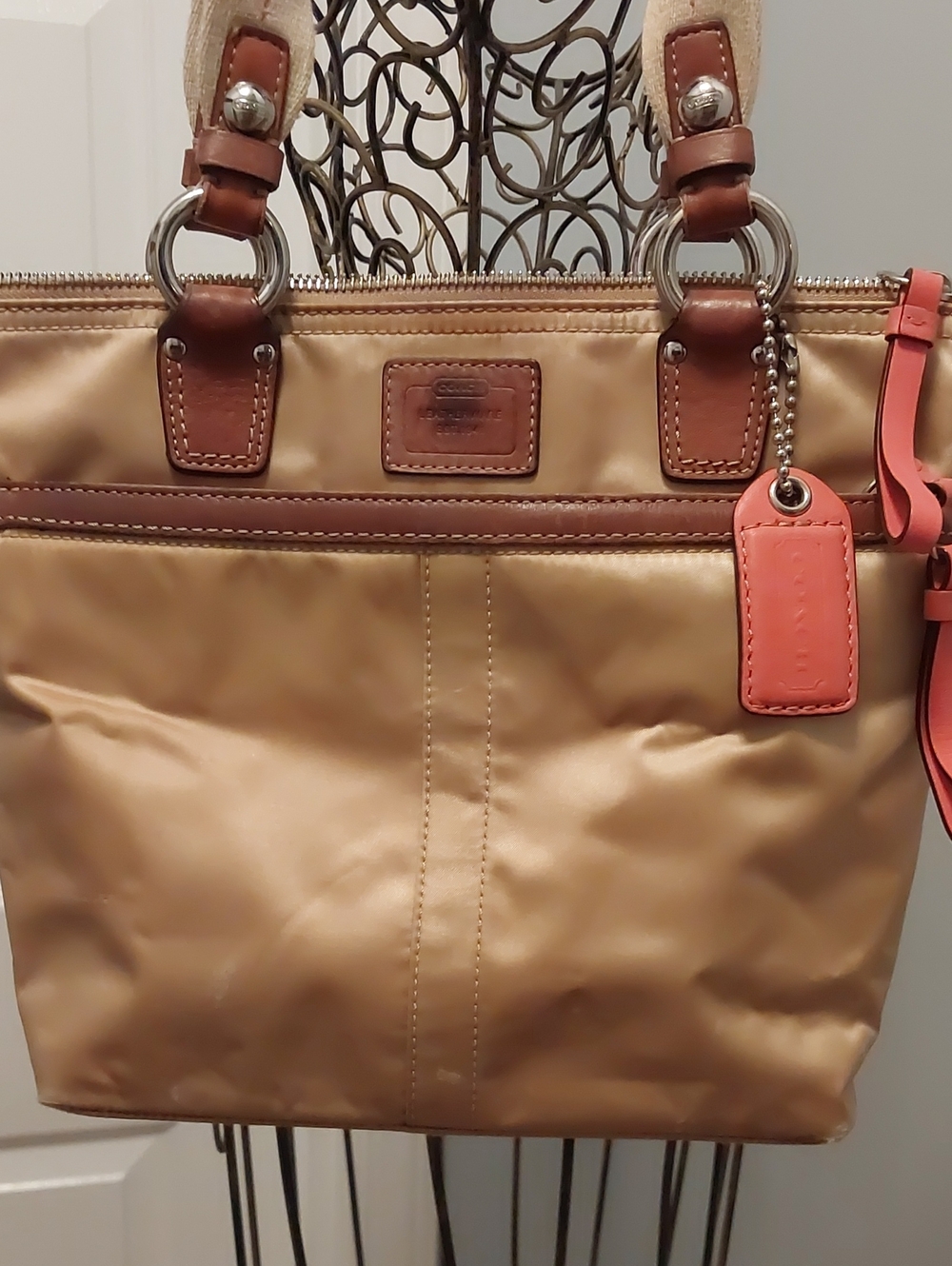 Coach Gold Nylon Tote with Brown Leather Trim and Coral Tag